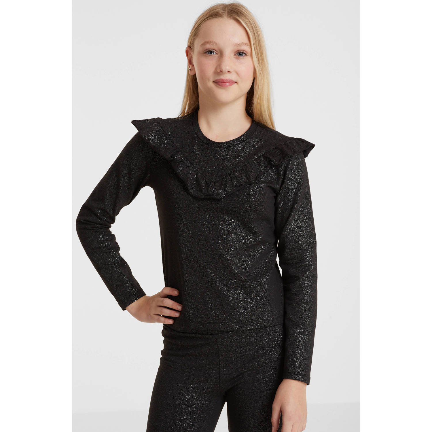 Anytime top met ruffles zwart zilver Meisjes Katoen Ronde hals Effen 134 140