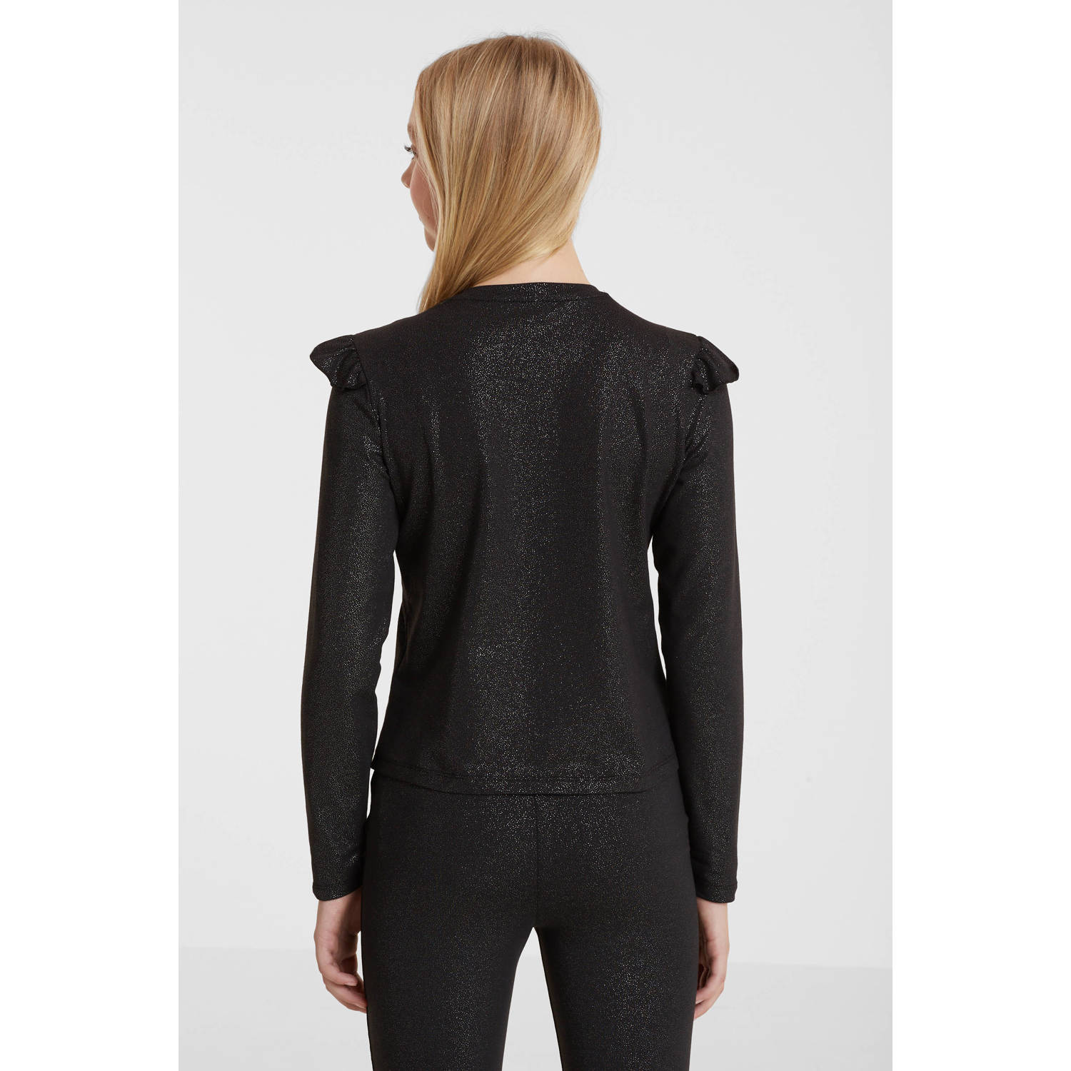 anytime top met ruffles zwart zilver