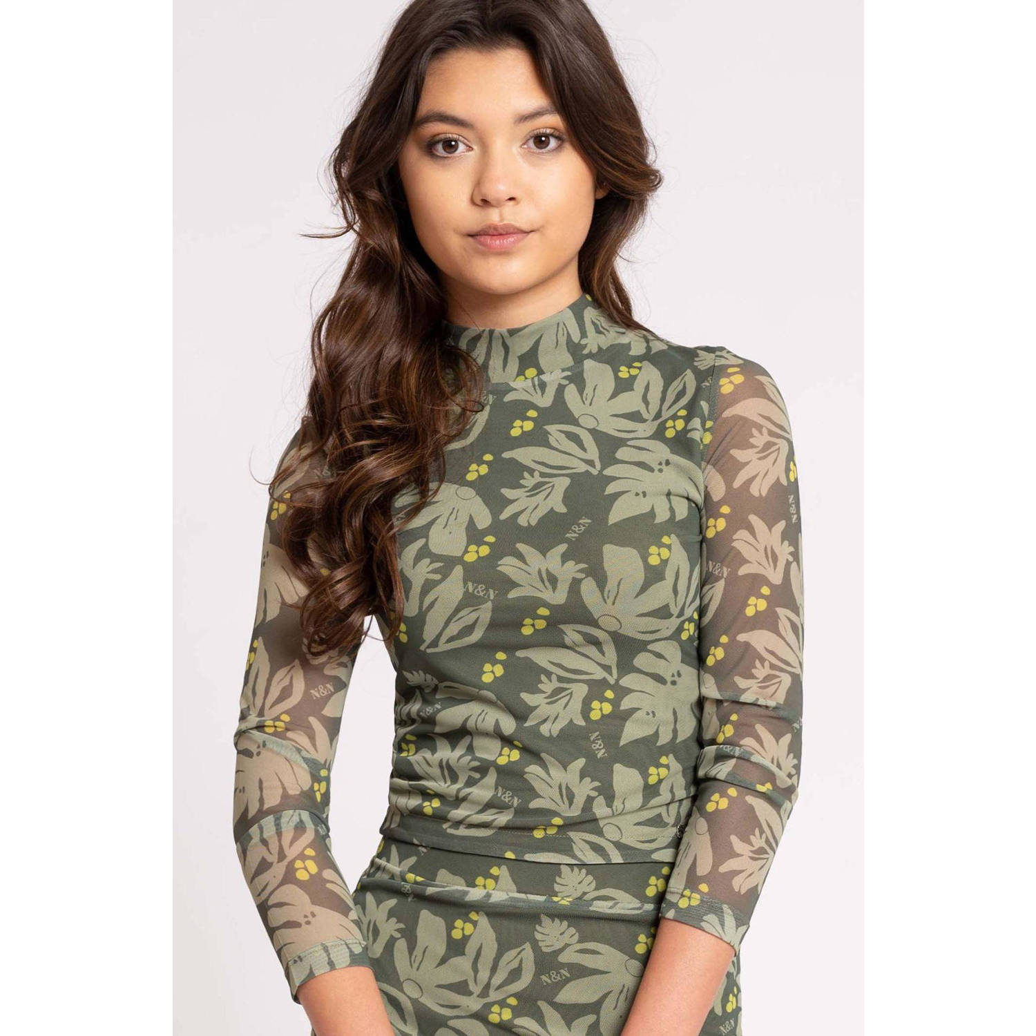NIK&NIK semi-transparante top Leavy met all over print en mesh donkergroen Meisjes Polyester Opstaande kraag 164