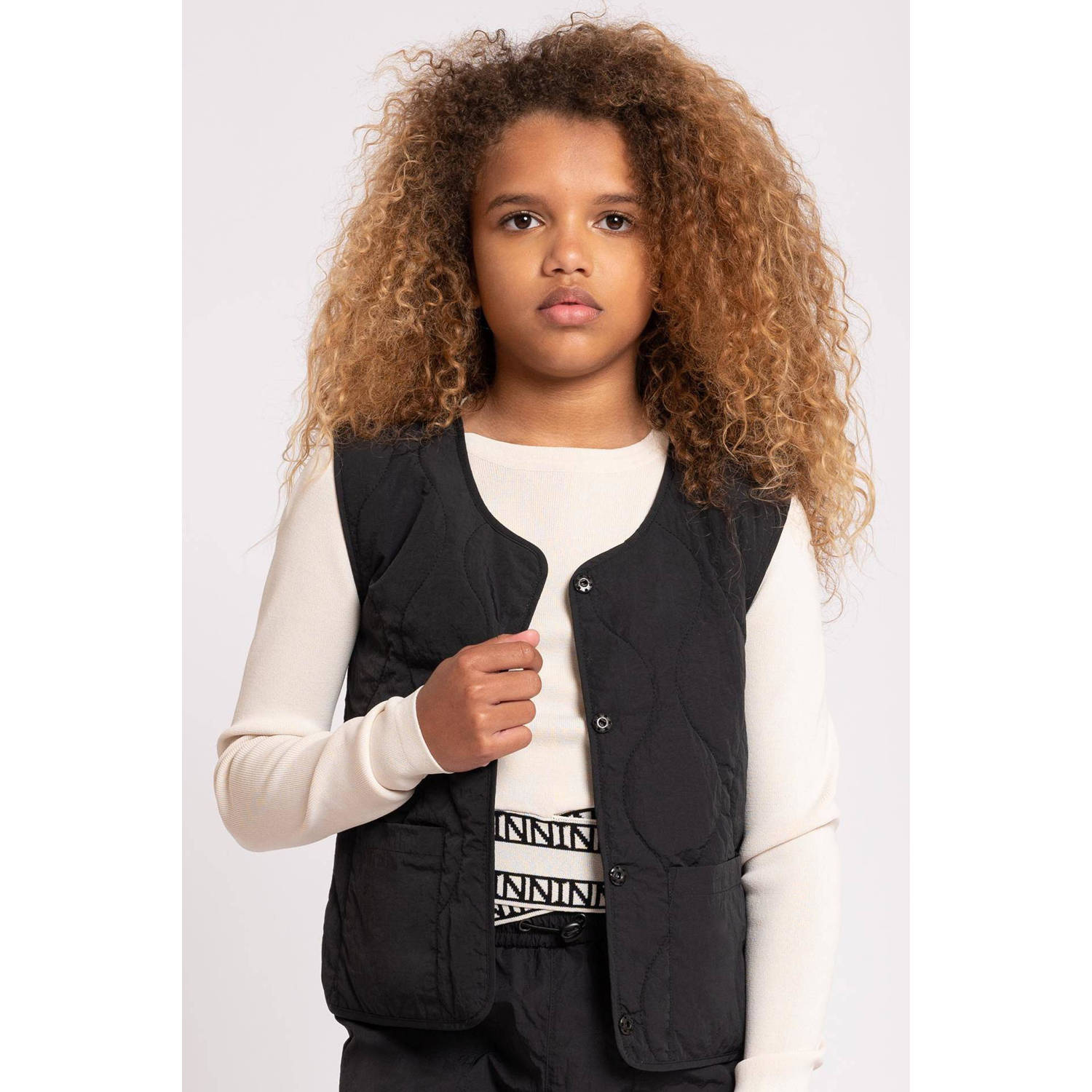 NIK&NIK reversible gilet Vico zwart zacht olijfgroen Meisjes Nylon Ronde hals 164