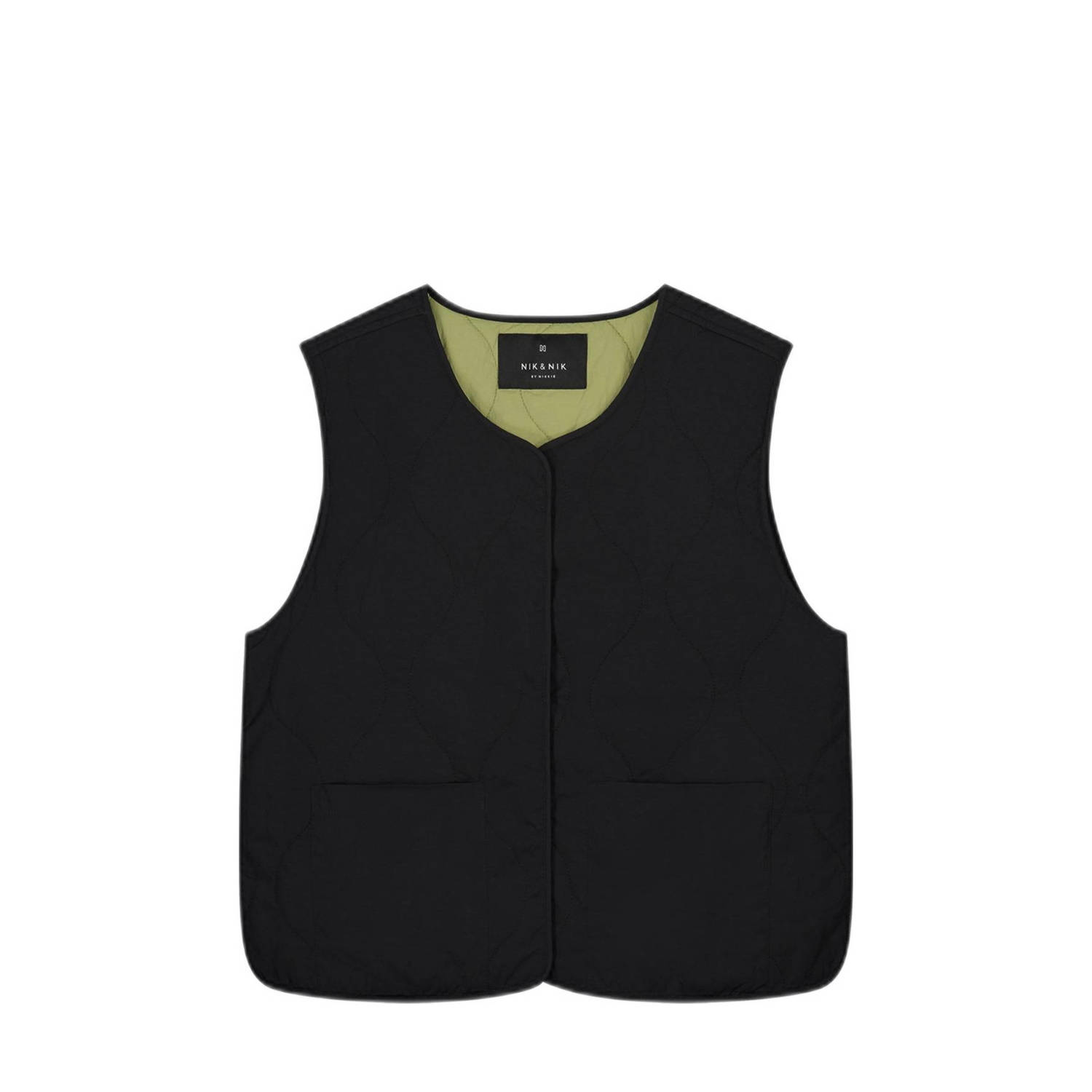 NIK&NIK reversible gilet Vico zwart zacht olijfgroen Meisjes Nylon Ronde hals 152