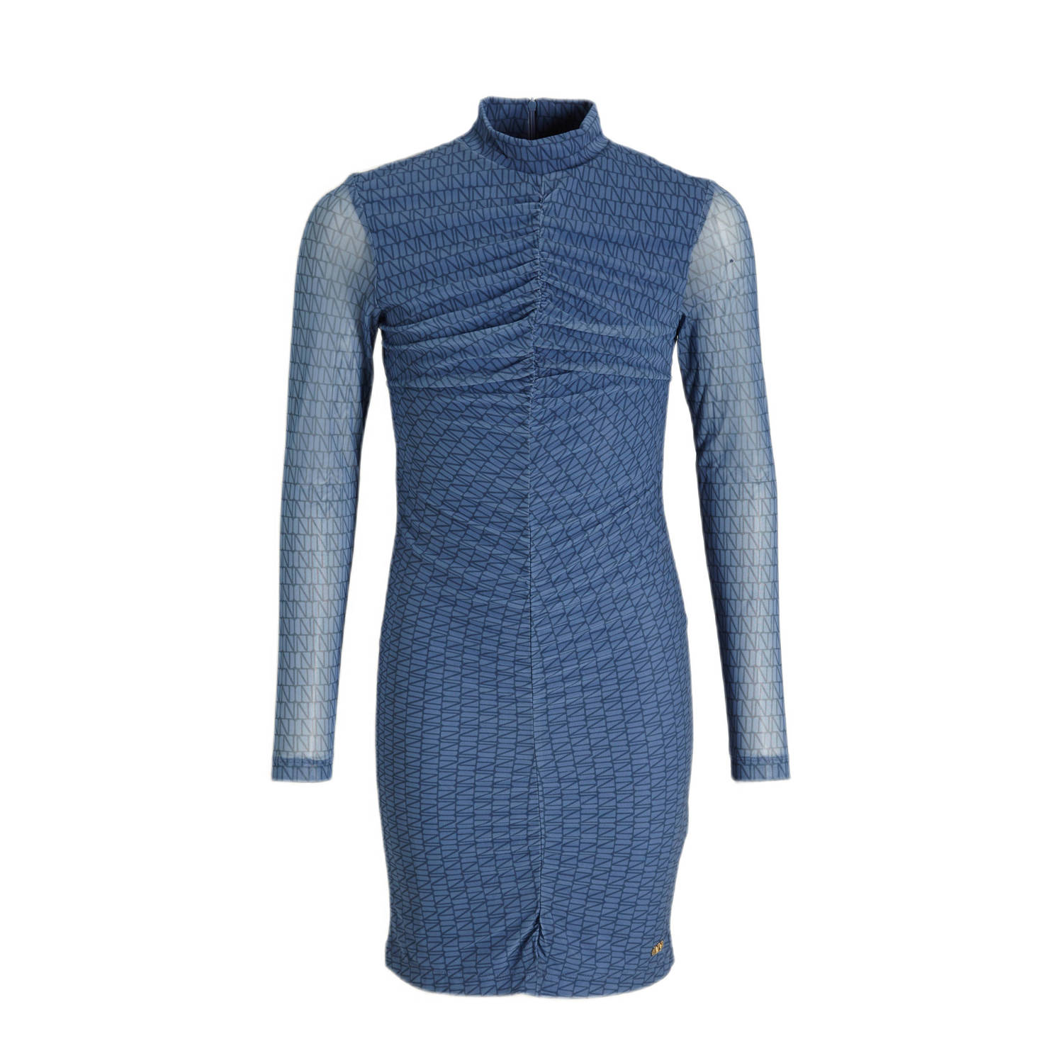 NIK&NIK semi-transparante jurk NN met all over print en mesh blauw Meisjes Polyester Opstaande kraag 128