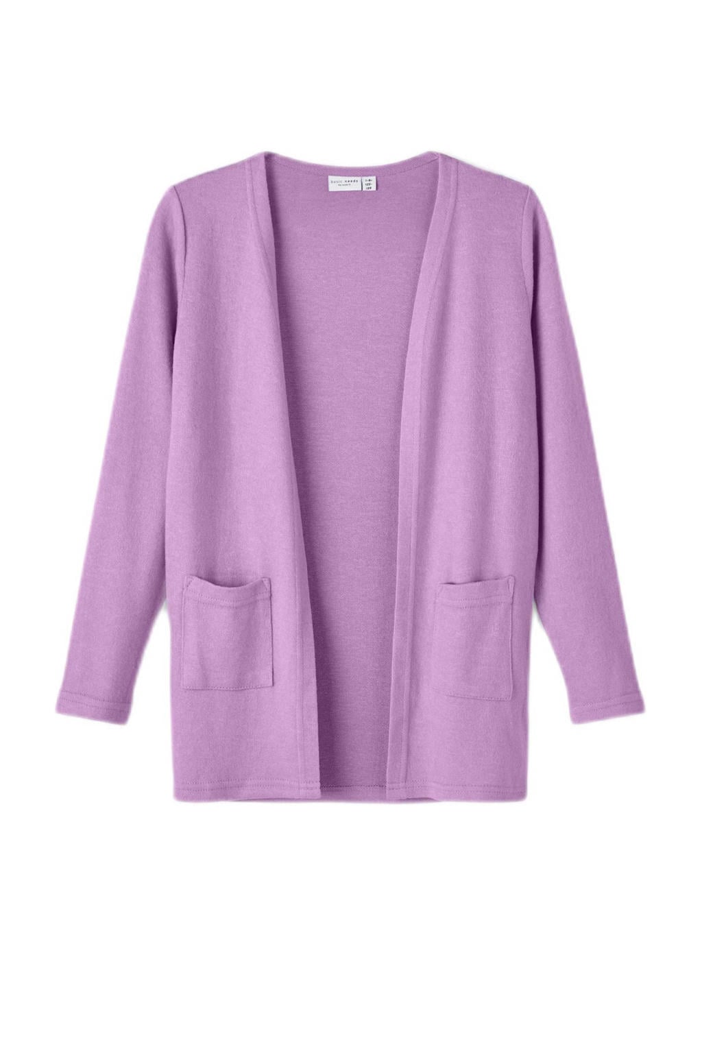 Lilakleurige meisjes NAME IT KIDS vest van viscose met effen, lange mouwen, openvallende hals en gebreide details