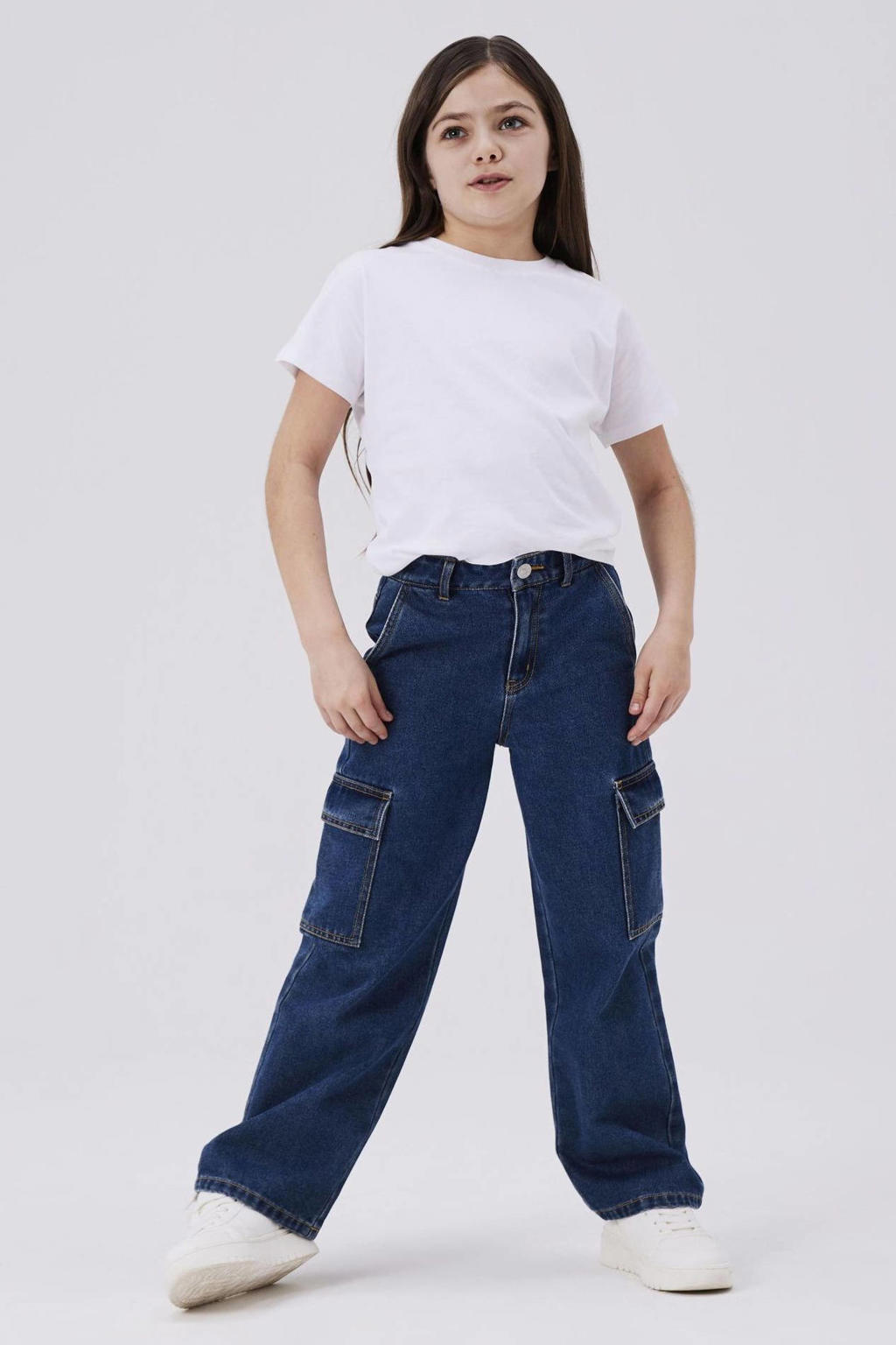 Dark blue denim meisjes NAME IT KIDS wide leg jeans dark blue van denim met rits- en knoopsluiting en effen