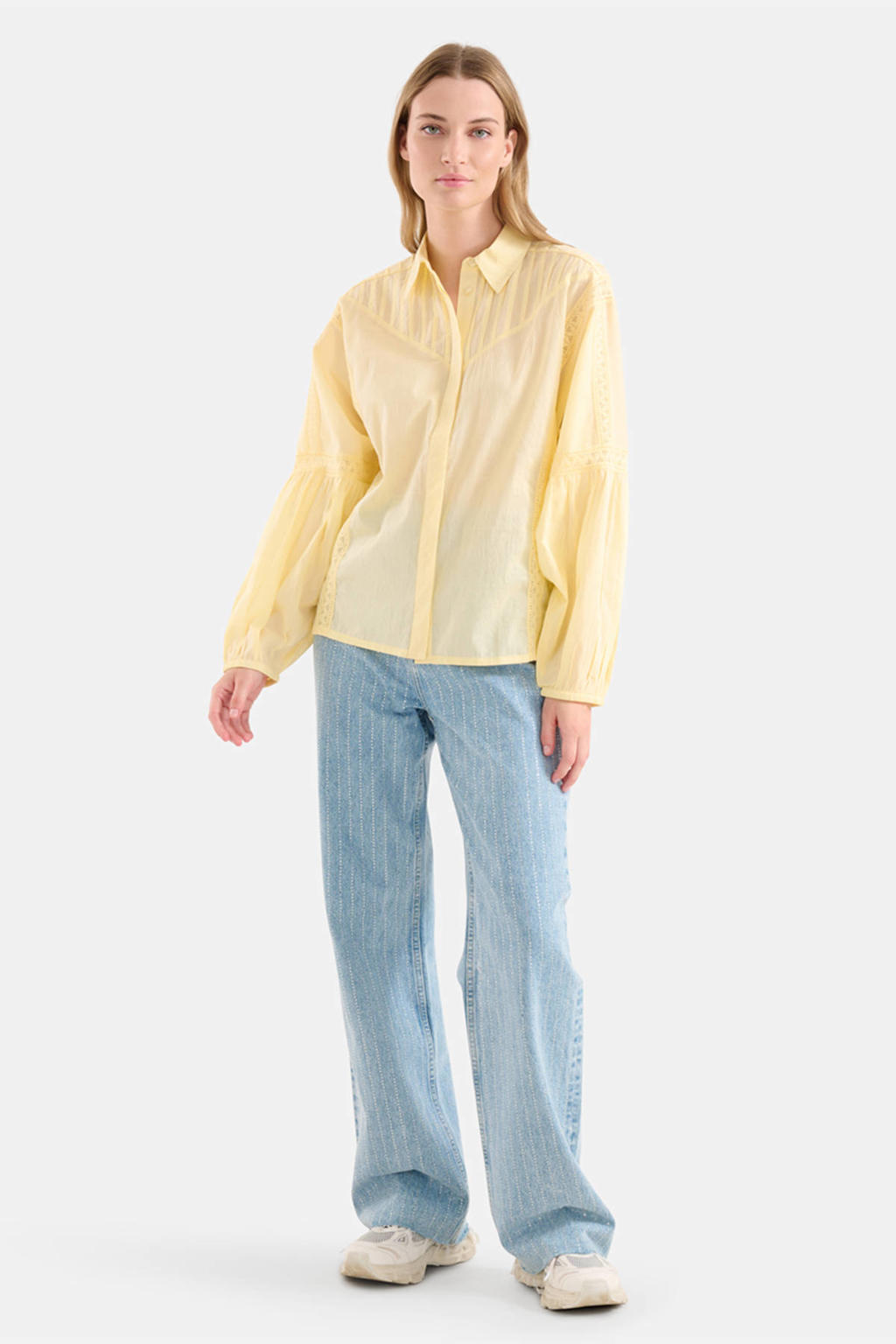 Lichtgele dames Shoeby blouse van katoen met lange mouwen, klassieke kraag en knoopsluiting