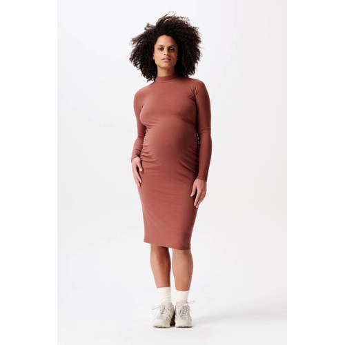 Noppies maternity ribgebreide zwangerschapsjurk Aima van polyester roodbruin afbeelding