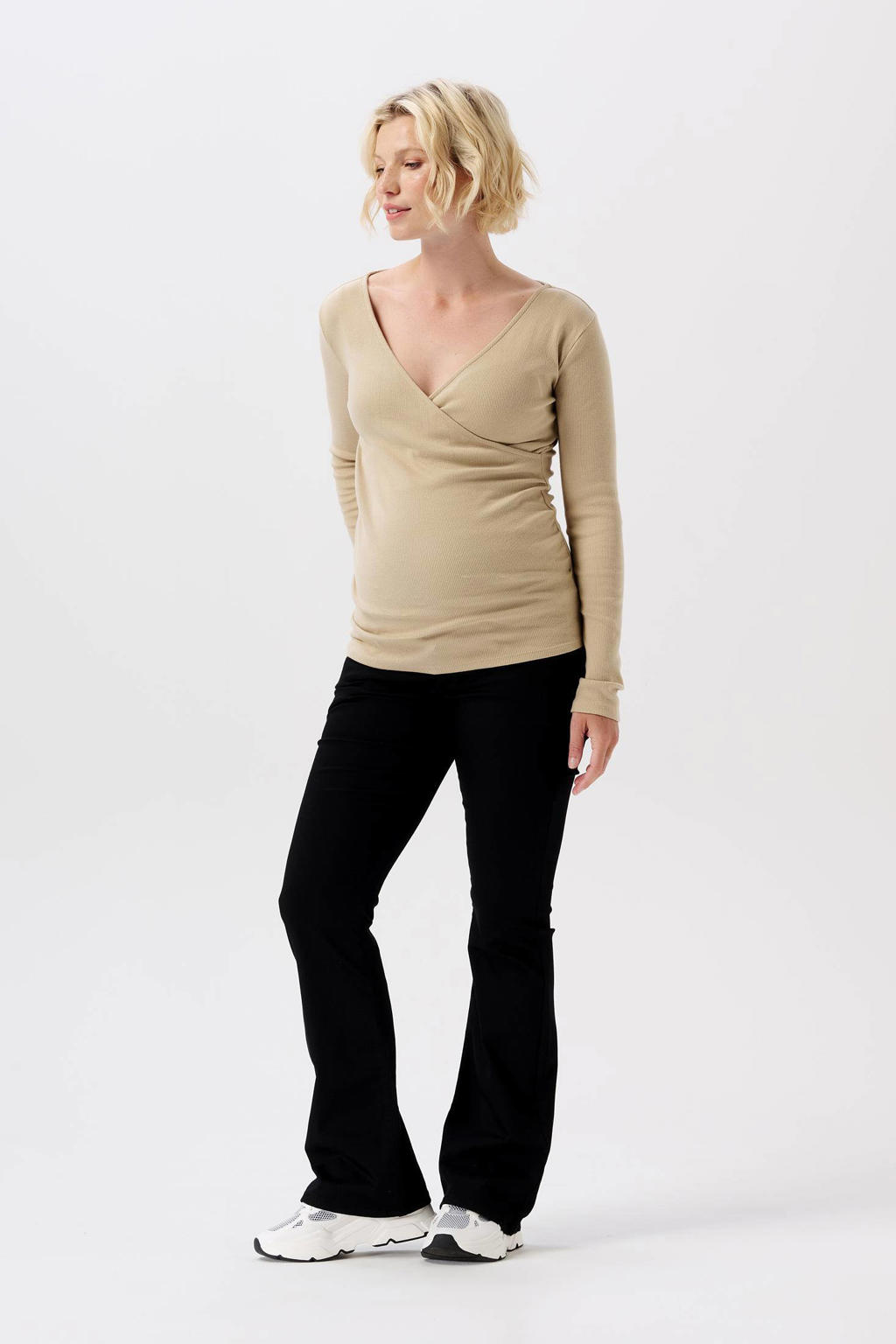 Zwarte dames Noppies maternity flared broek van stretchkatoen met regular waist, ritssluiting en effen