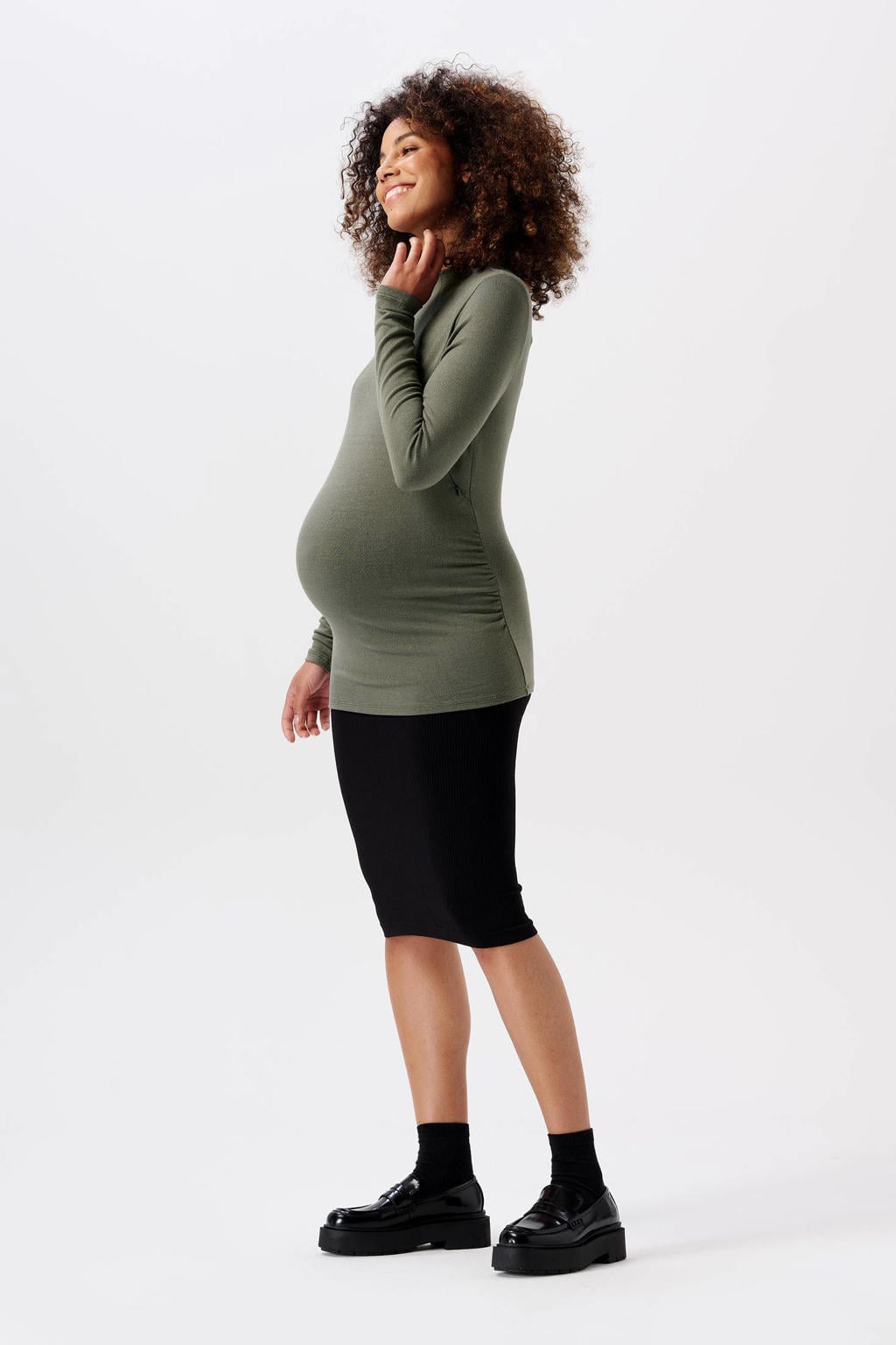 Zwarte dames Noppies maternity ribgebreide zwangerschapsrok Ema van polyamide met regular waist en effen