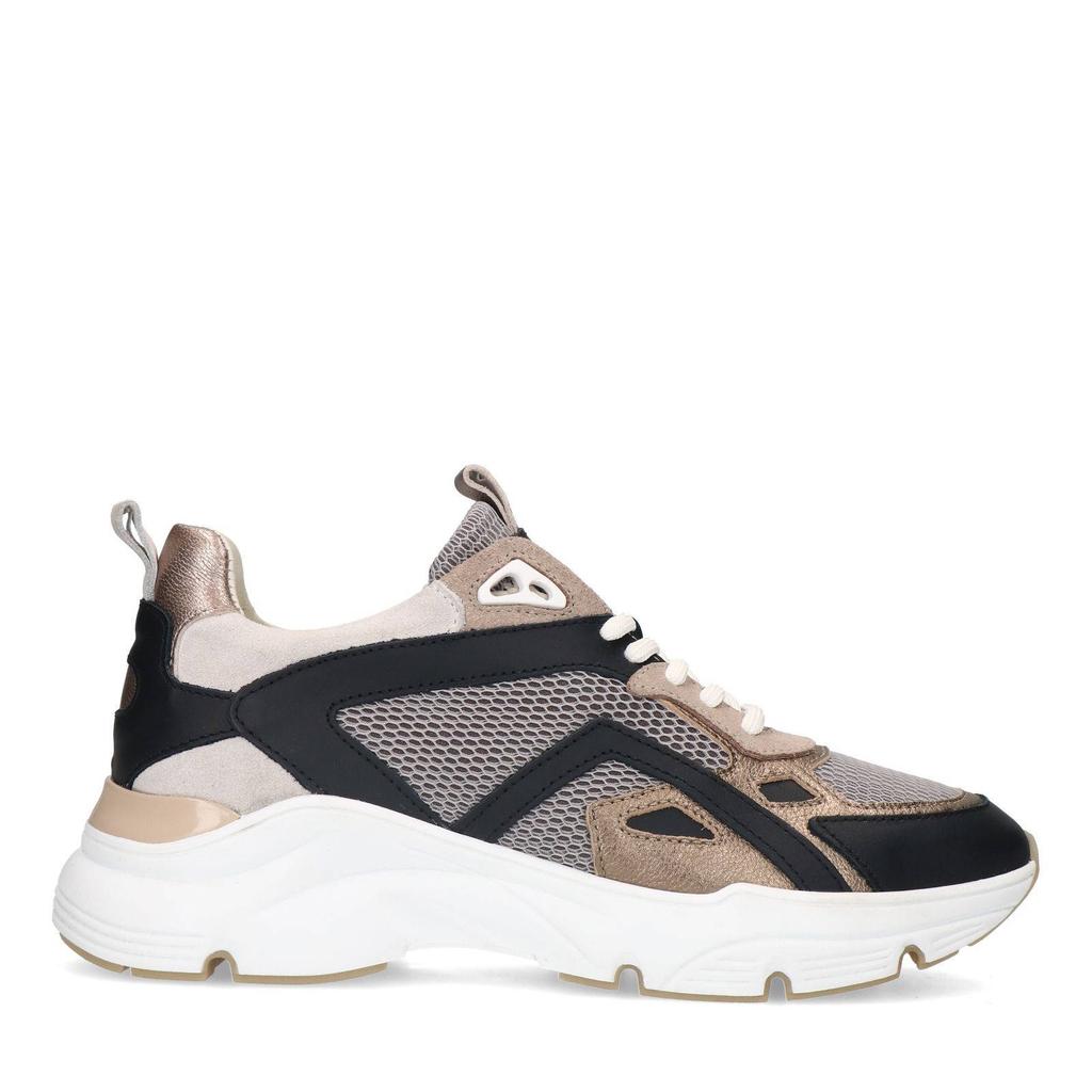 Zwart en beige dames Manfield leren sneakers met veters