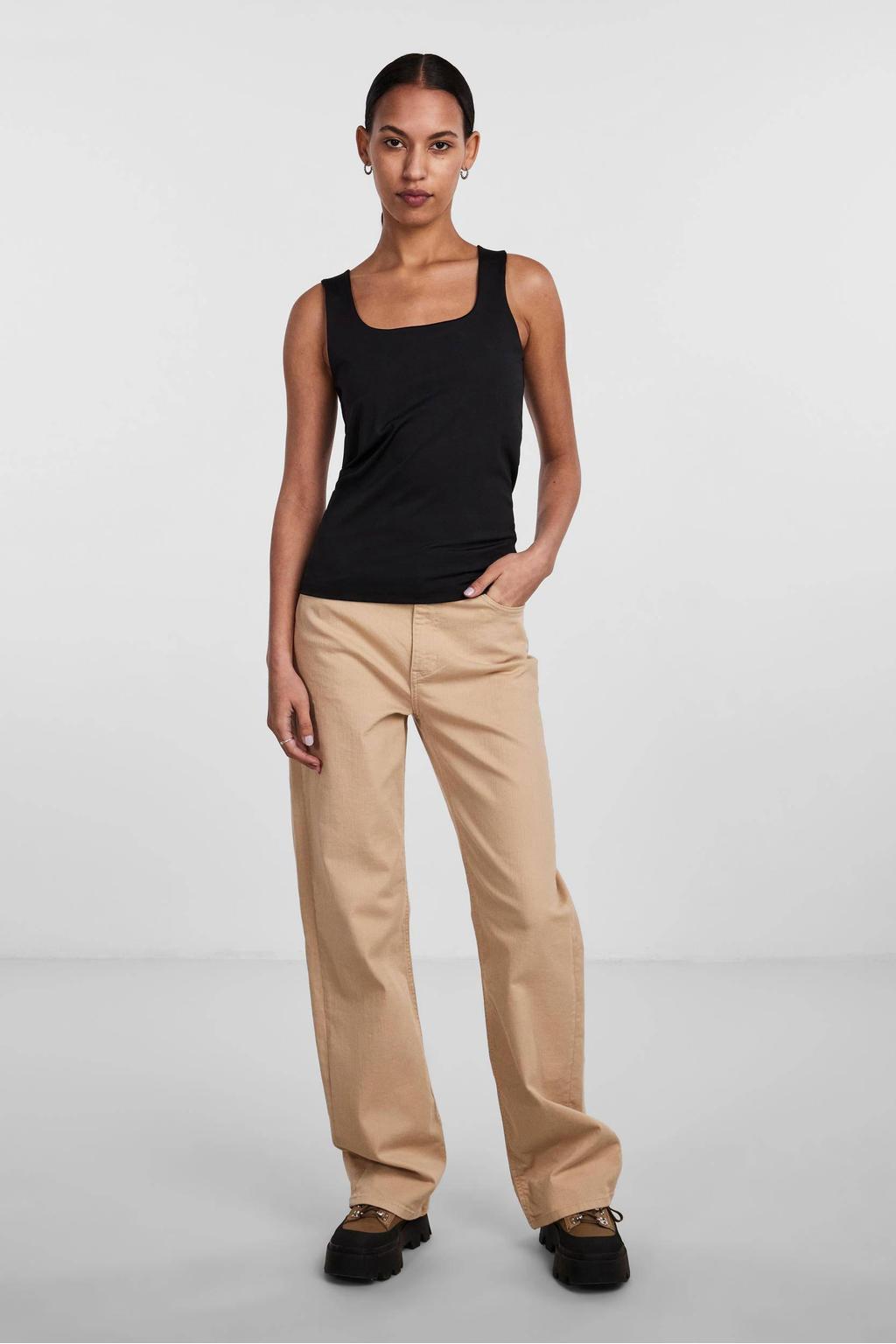 Zwarte dames PIECES singlet van polyester met effen en ronde hals