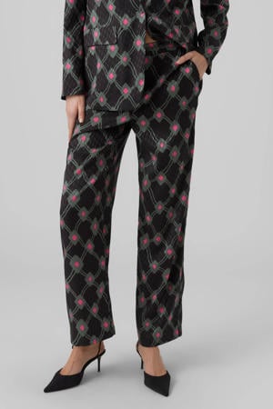 high waist wide leg pantalon VMCAJA met all over print zwart/roze