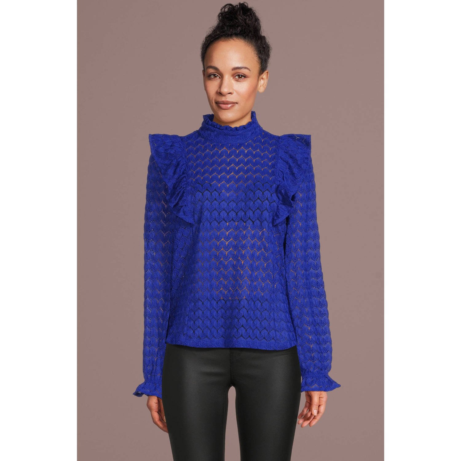 ONLY top ONLBEAU met ruches blauw