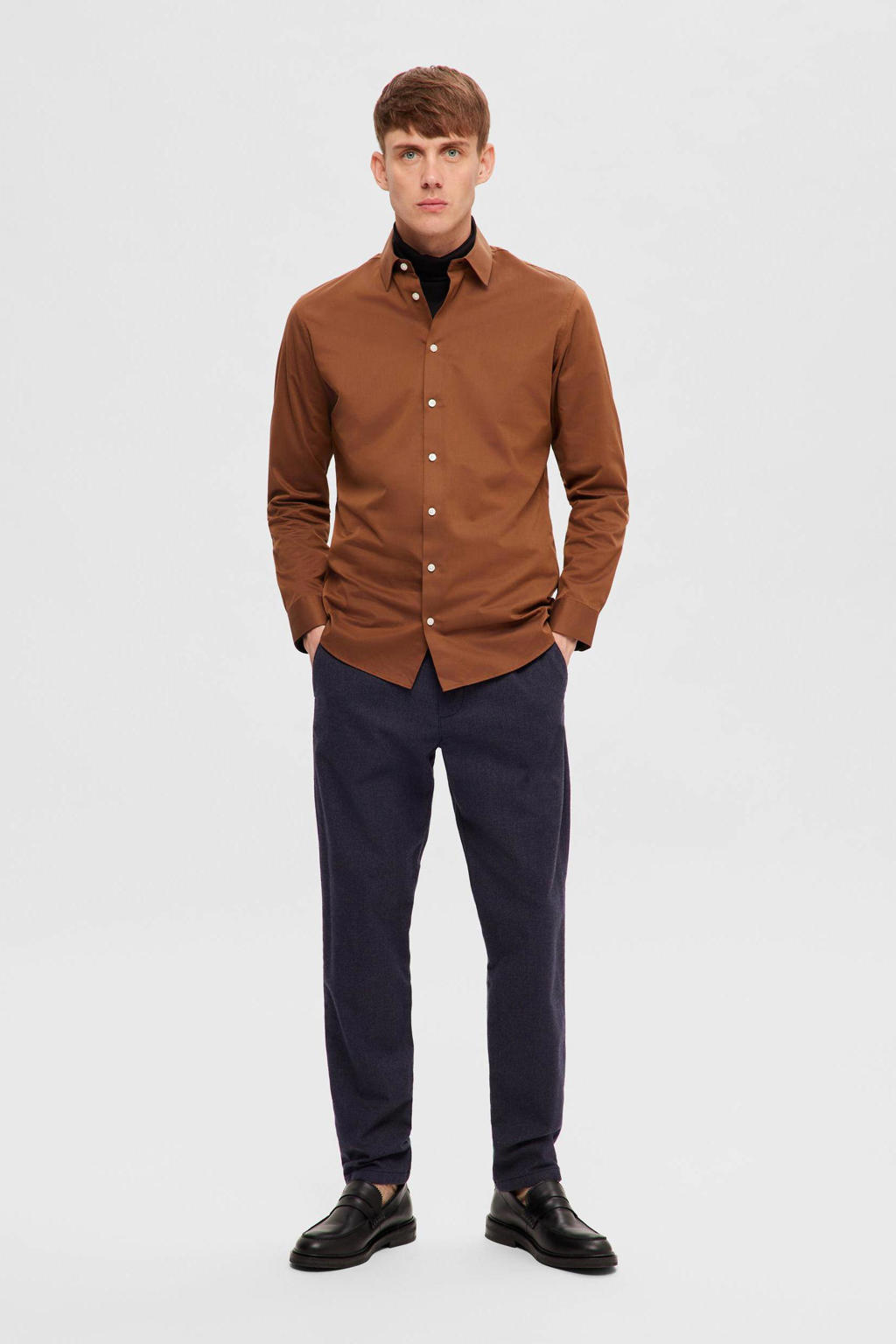 Selected slim fit overhemd SLHSLIMETHAN bruin