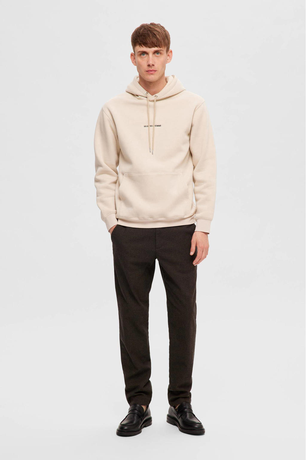 Selected hoodie SLHHANKIE met logo beige