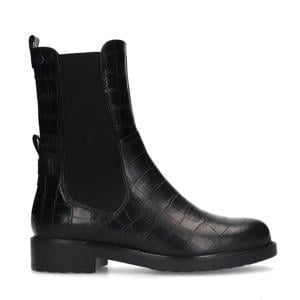leren enkelboots met crocoprint zwart