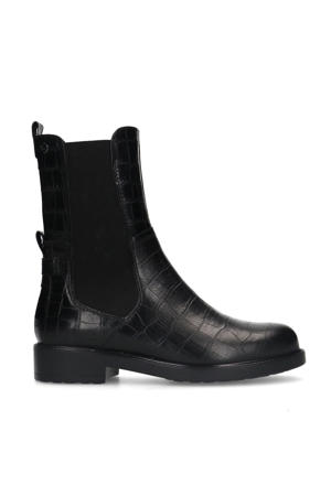 leren enkelboots met crocoprint zwart