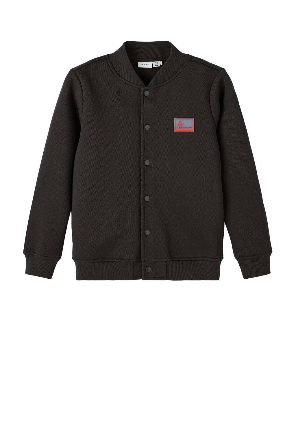 Zwarte jongens NAME IT KIDS sweatvest van polyester met printopdruk, lange mouwen, ronde hals en drukknoopsluiting