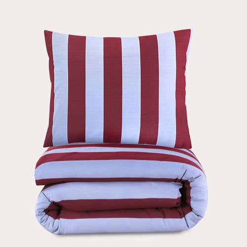 NOUS Living katoenen dekbedovertrek 1 persoons (140x220 cm) - Lichtblauw/bordeaux rood