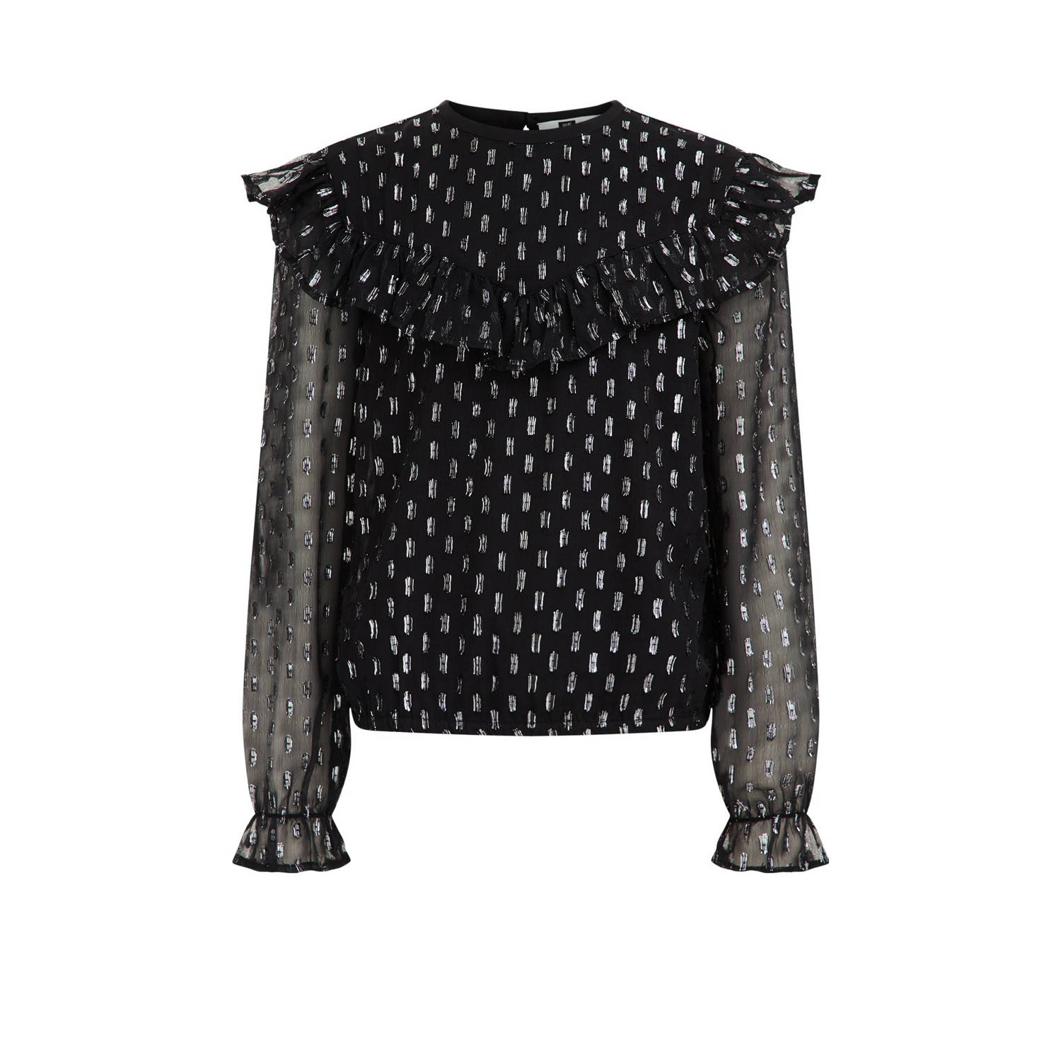 WE Fashion semi-transparante top met all over print en ruches zwart zilver Meisjes Polyester Ronde hals 110 116