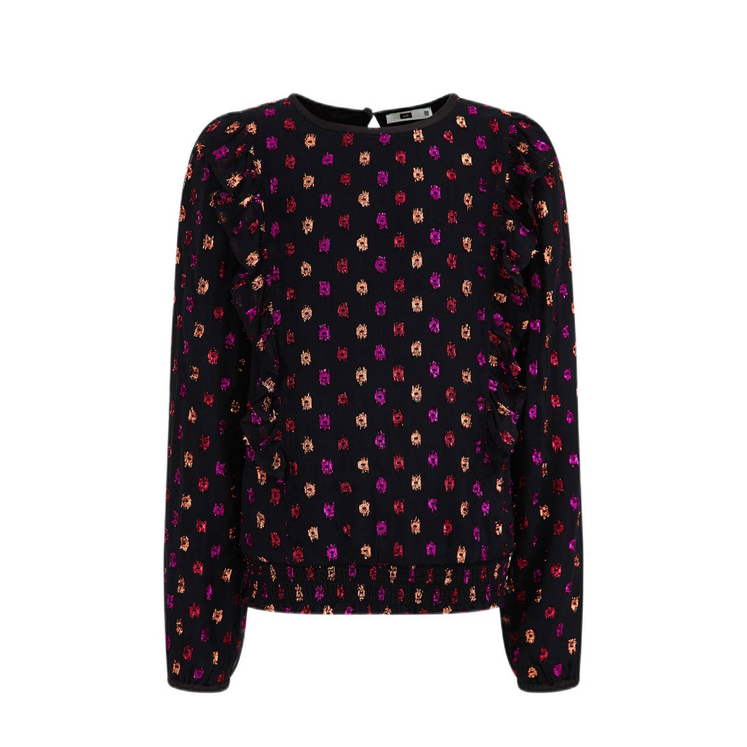 WE Fashion longsleeve met all over print zwart fuchsia rood Meisjes Viscose Ronde hals 122 128