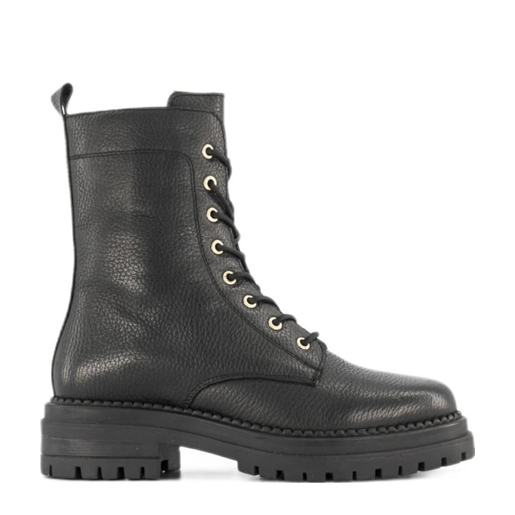 Zwarte dames 5th Avenue leren veterboots met rits- en vetersluiting