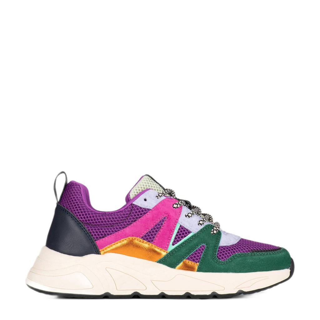 Paars en groene dames POSH by Poelman Carocel chunky sneakers van synthetisch materiaal met veters