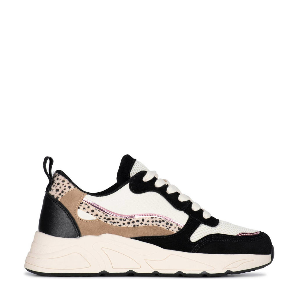 Zwart, wit en beige dames POSH by Poelman Charlie sneakers van imitatieleer met chunky hak en veters