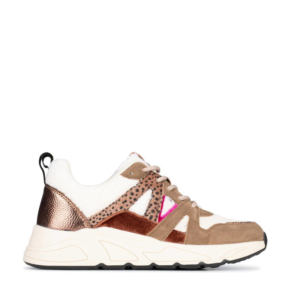 Beige en witte dames POSH by Poelman Carocel chunky sneakers van imitatiesuède met veters