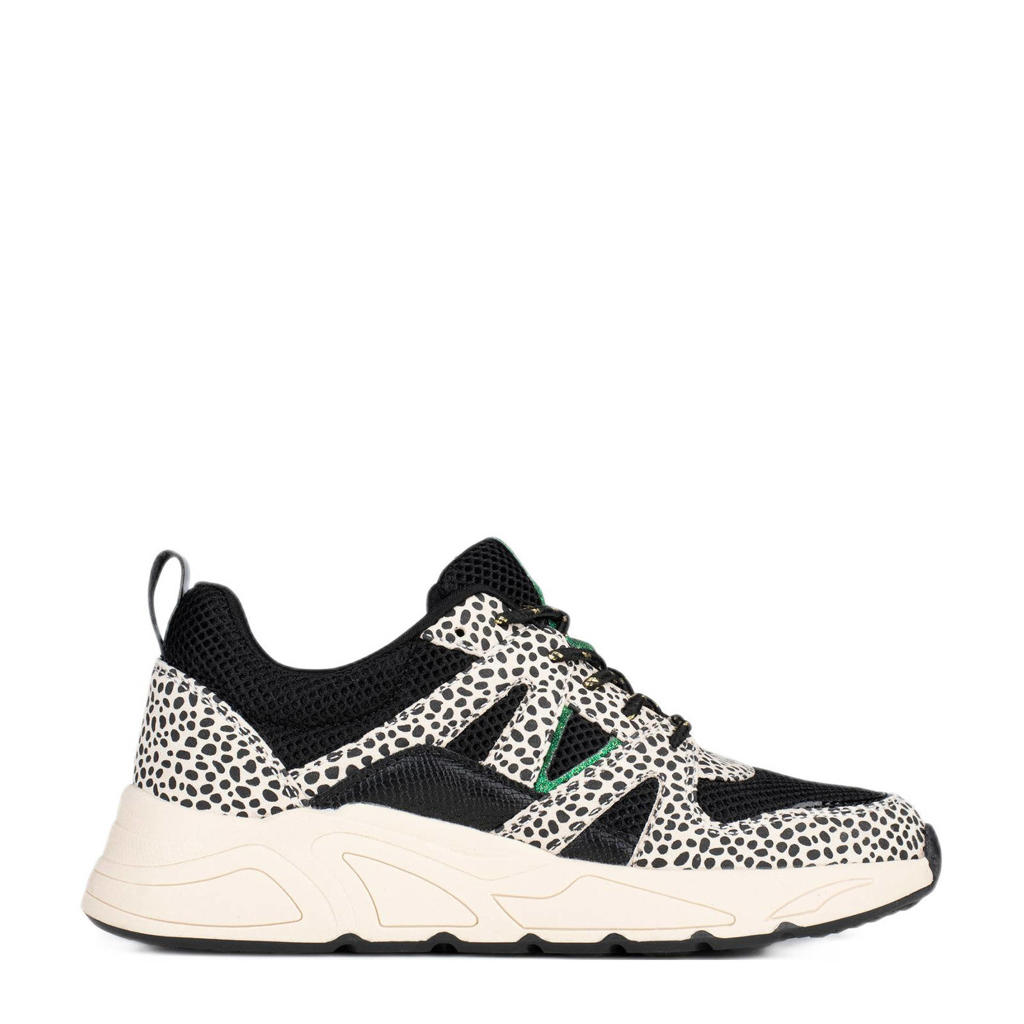 Zwart en witte dames POSH by Poelman Carocel chunky sneakers van synthetisch materiaal met veters