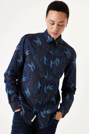 slim fit overhemd met all over print donkerblauw