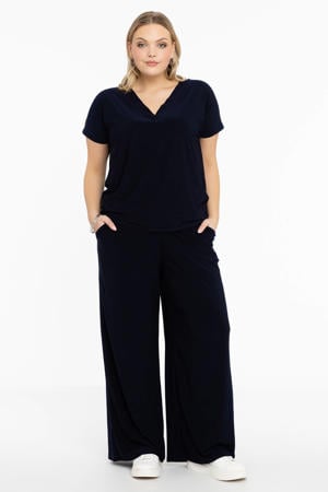 high waist wide leg broek DOLCE van travelstof blauw