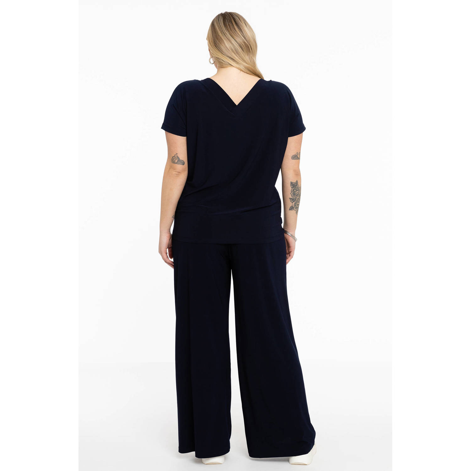 YOEK high waist wide leg broek DOLCE van travelstof blauw
