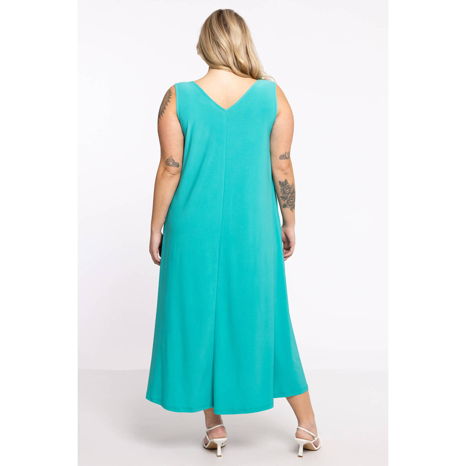 YOEK maxi jurk DOLCE van travelstof turquoise