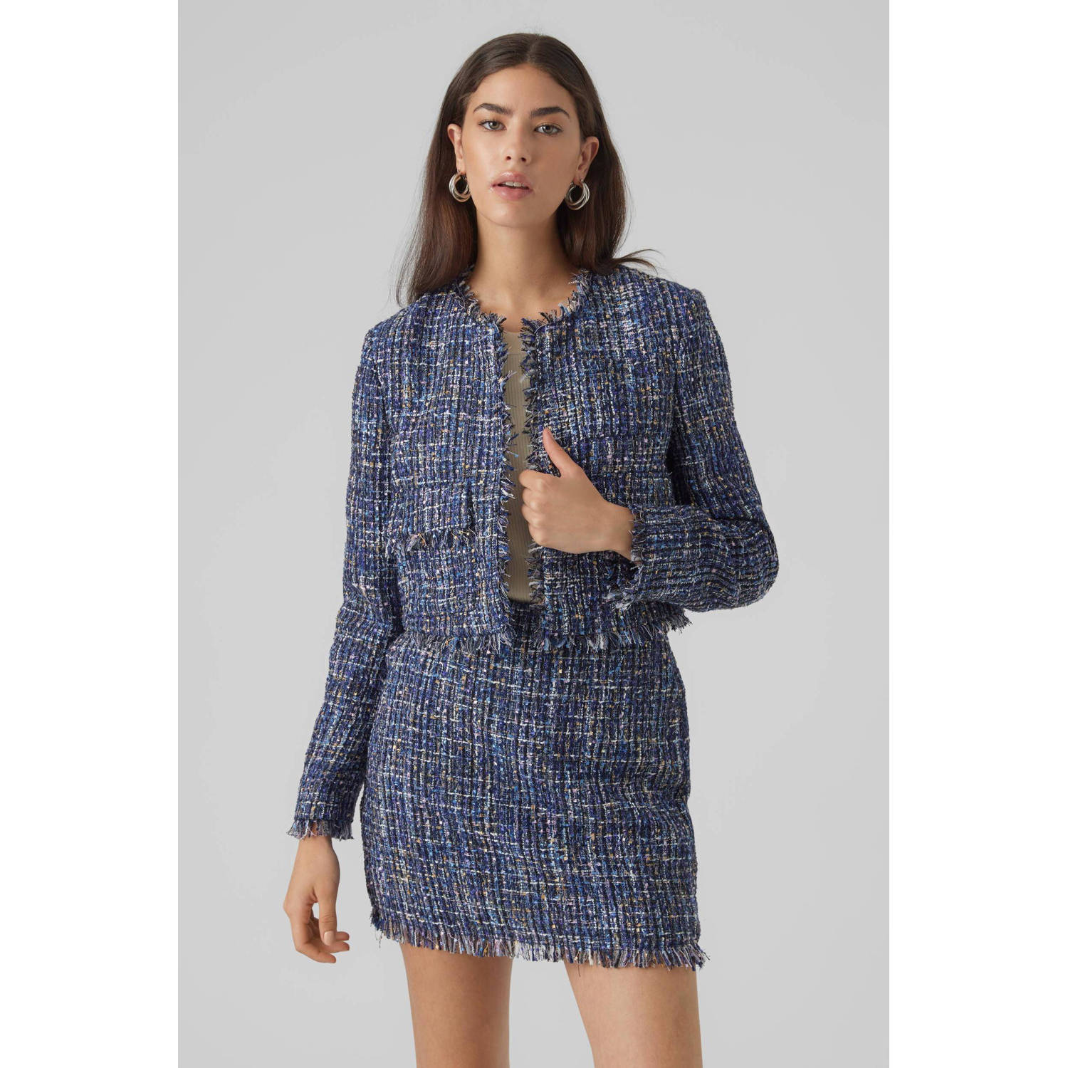 VERO MODA tweed blazer VMCHANTELLE met all over print donkerblauw