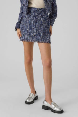 tweed mini rok VMCHANTELLE met all over print donkerblauw