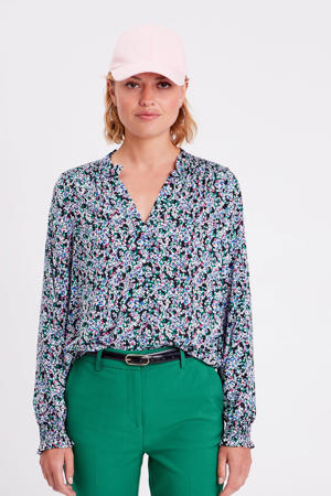 gebloemde blousetop zwart/ lichtblauw