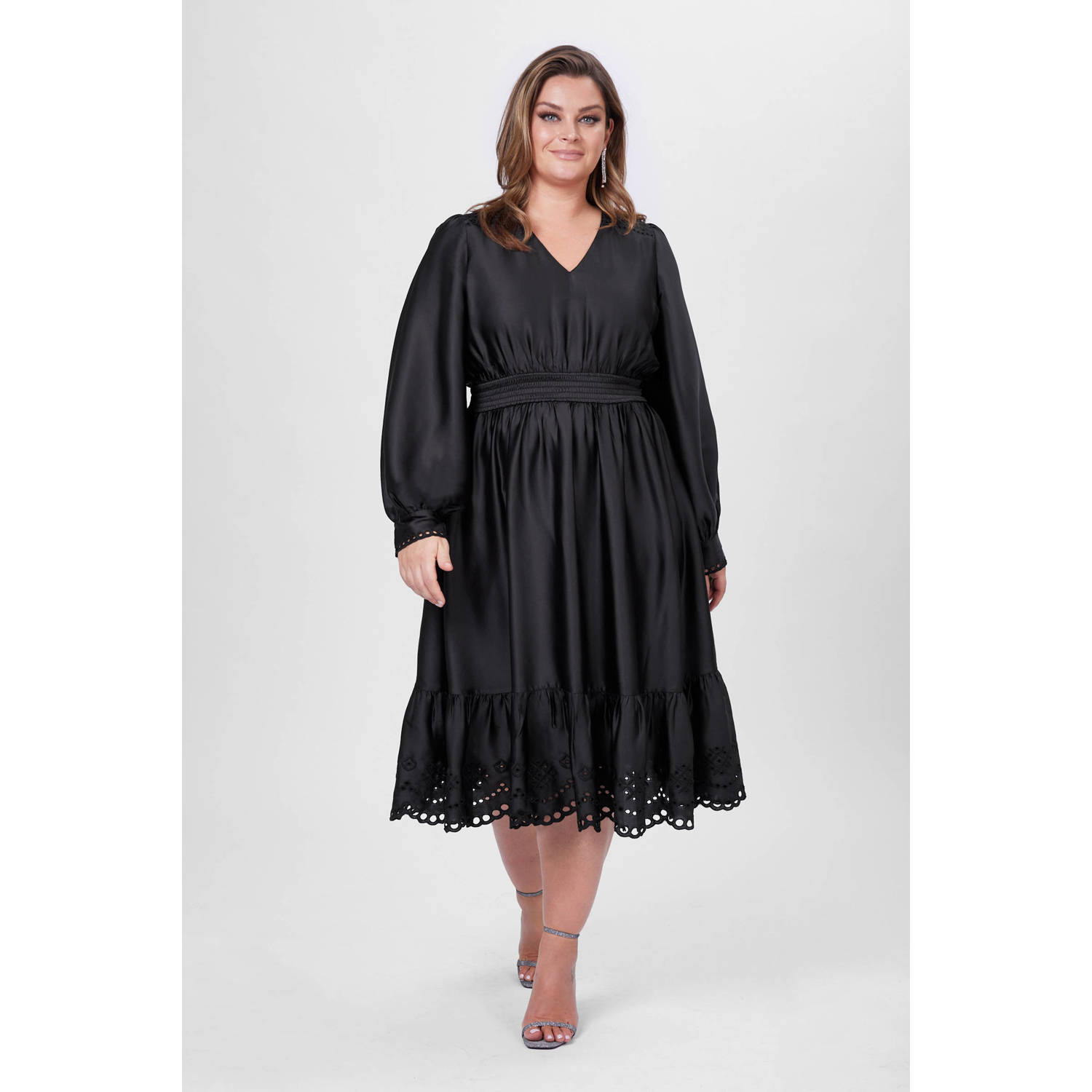 Miljuschka by Wehkamp midi jurk met broderie zwart