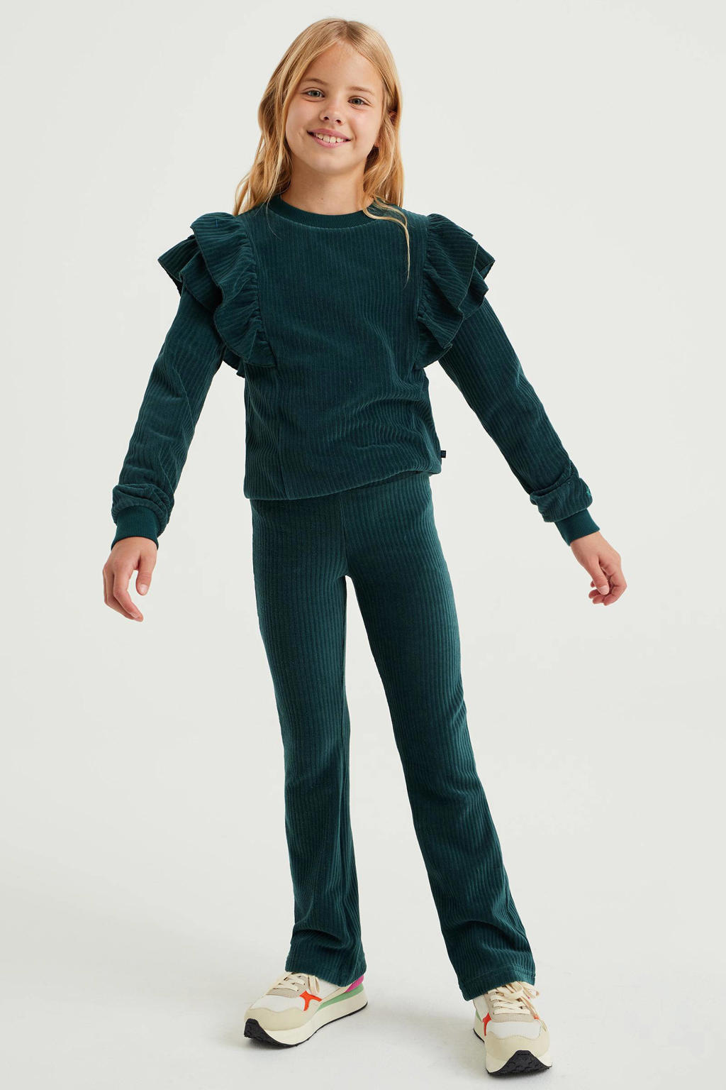 Groene meisjes WE Fashion velours flared broek met regular waist en elastische tailleband