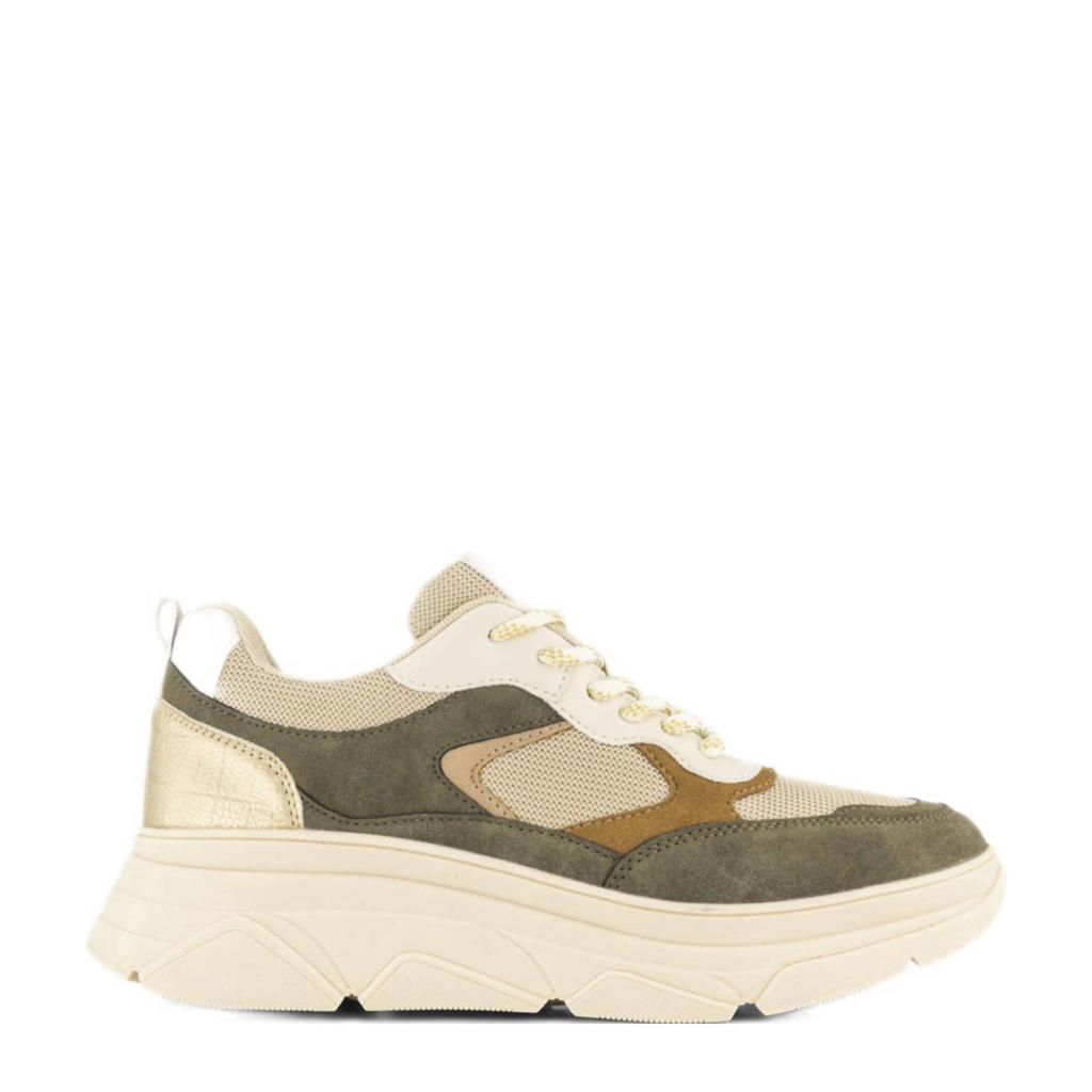 Beige en groene dames Graceland chunky sneakers van imitatieleer met veters
