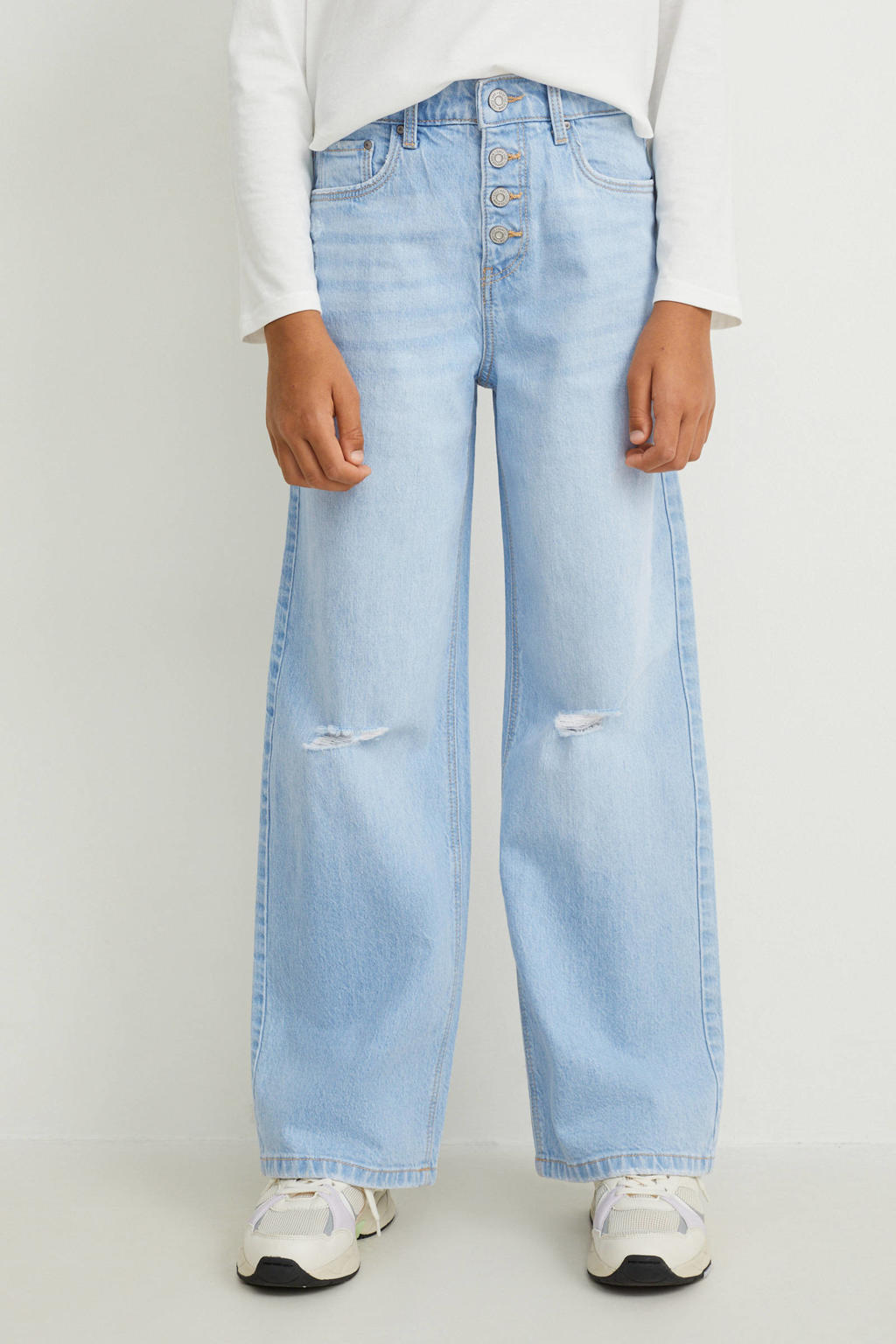 Light blue denim meisjes C&A wide leg jeans van denim met regular waist en drukknoopsluiting
