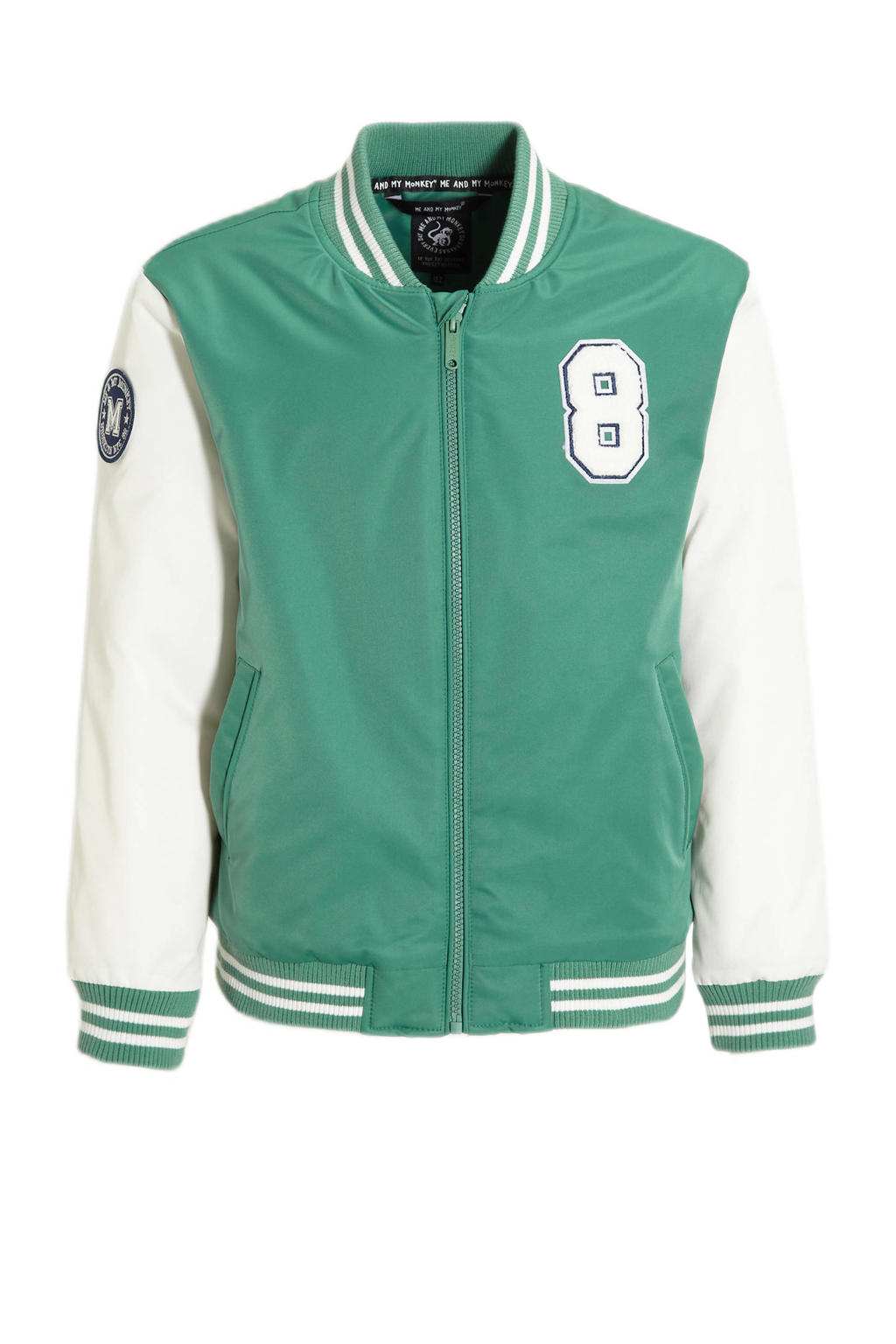 Groene jongens Me & My Monkey baseball jacket Paul van polyester met meerkleurige print, lange mouwen, ronde hals en ritssluiting