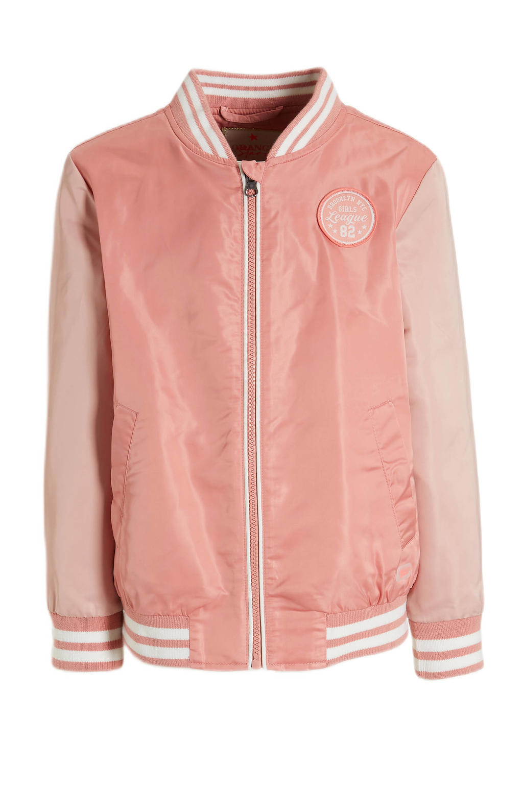 Lichtroze meisjes Orange Stars baseball jacket Pamela van polyester met meerkleurige print, lange mouwen, ronde hals en ritssluiting