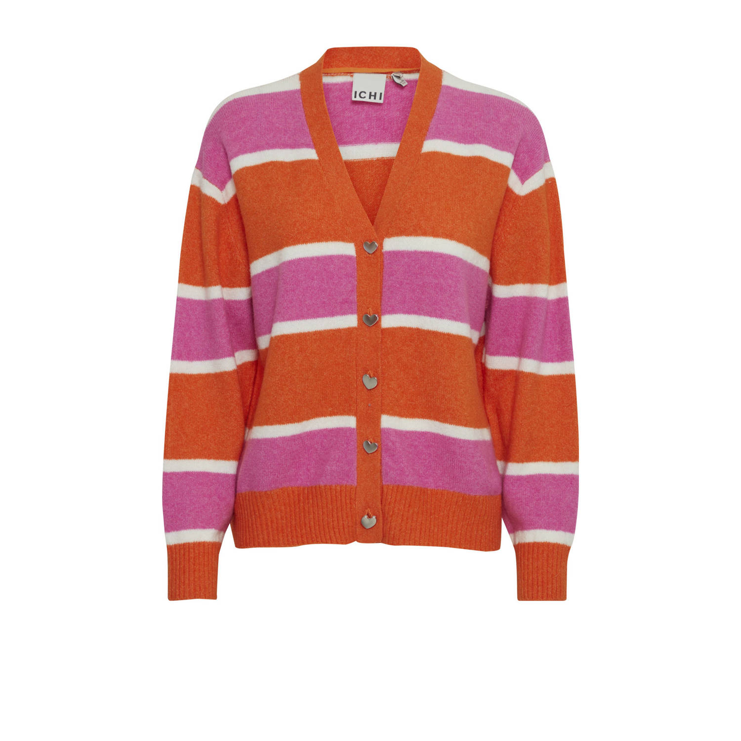 ICHI gestreept gebreid vest IHMOTIF rood roze wit