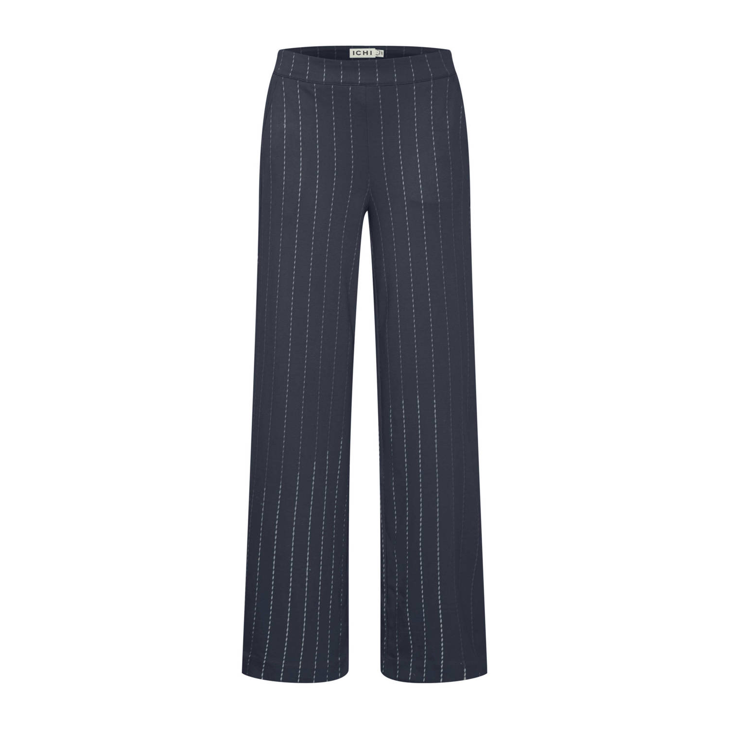 ICHI wide leg pantalon IHRUTI met krijtstreep donkerblauw wit