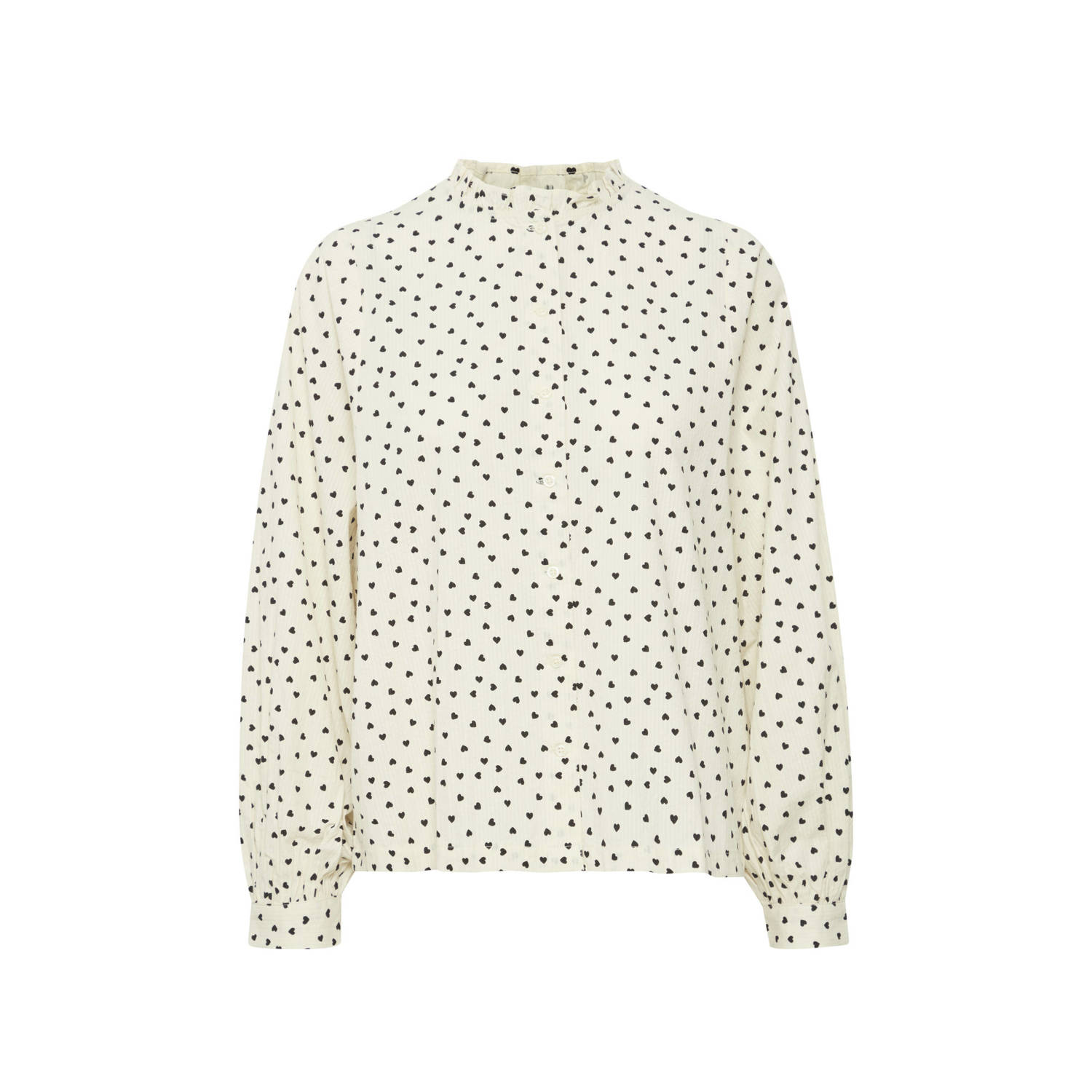 ICHI blouse IHQWIN met hartjes en ruches offwhite zwart