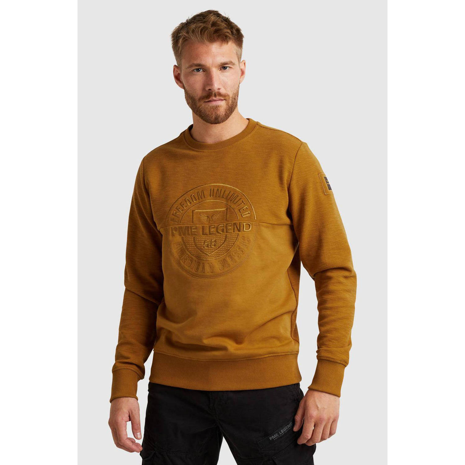 PME Legend sweater met logo en borduursels okergeel