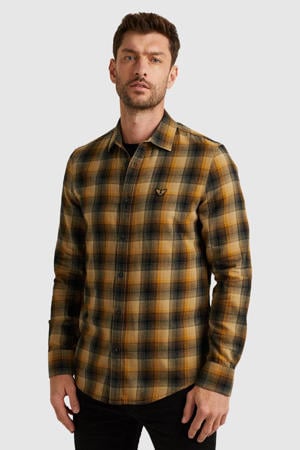 geruit regular fit overhemd bruin/geel