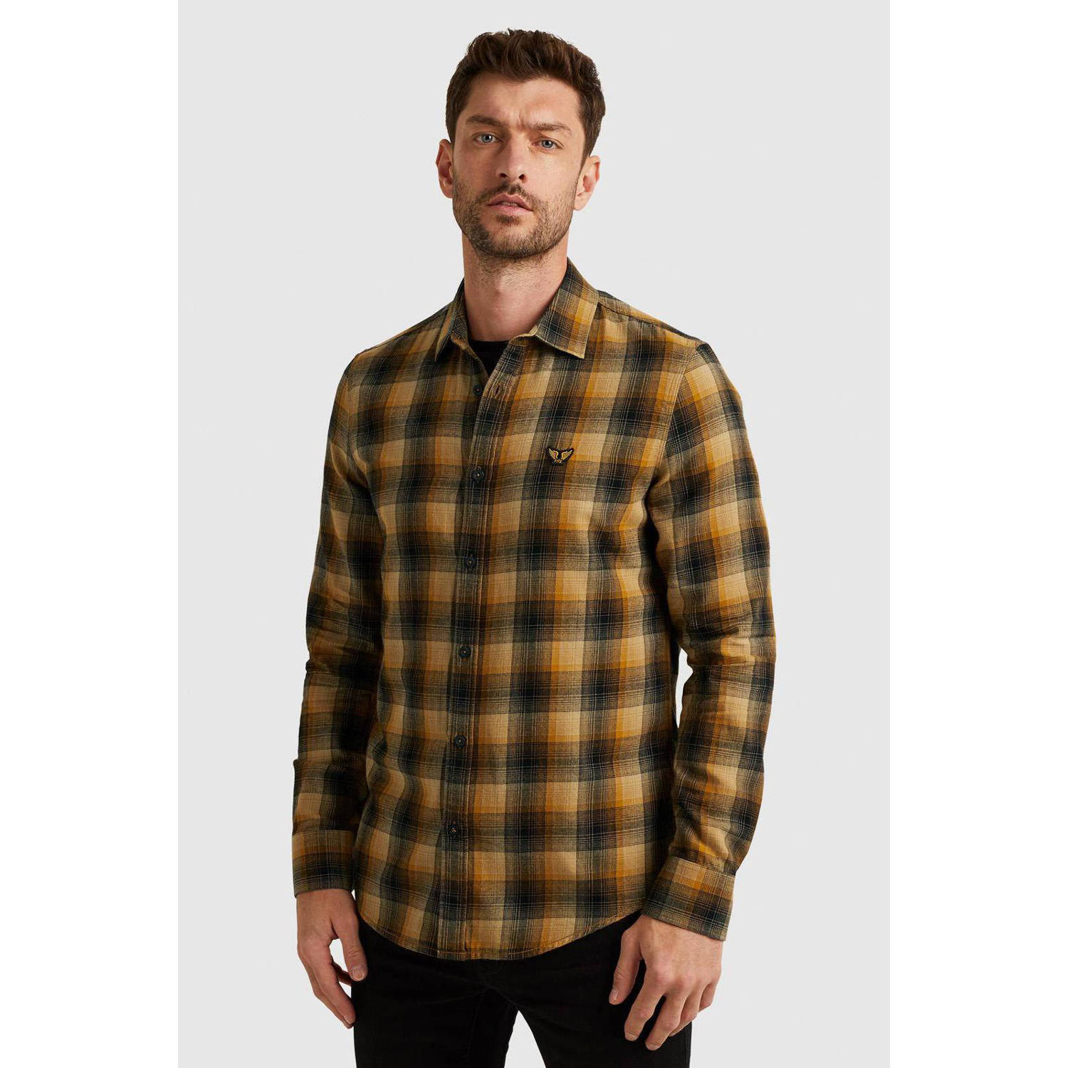 PME Legend geruit regular fit overhemd bruin geel