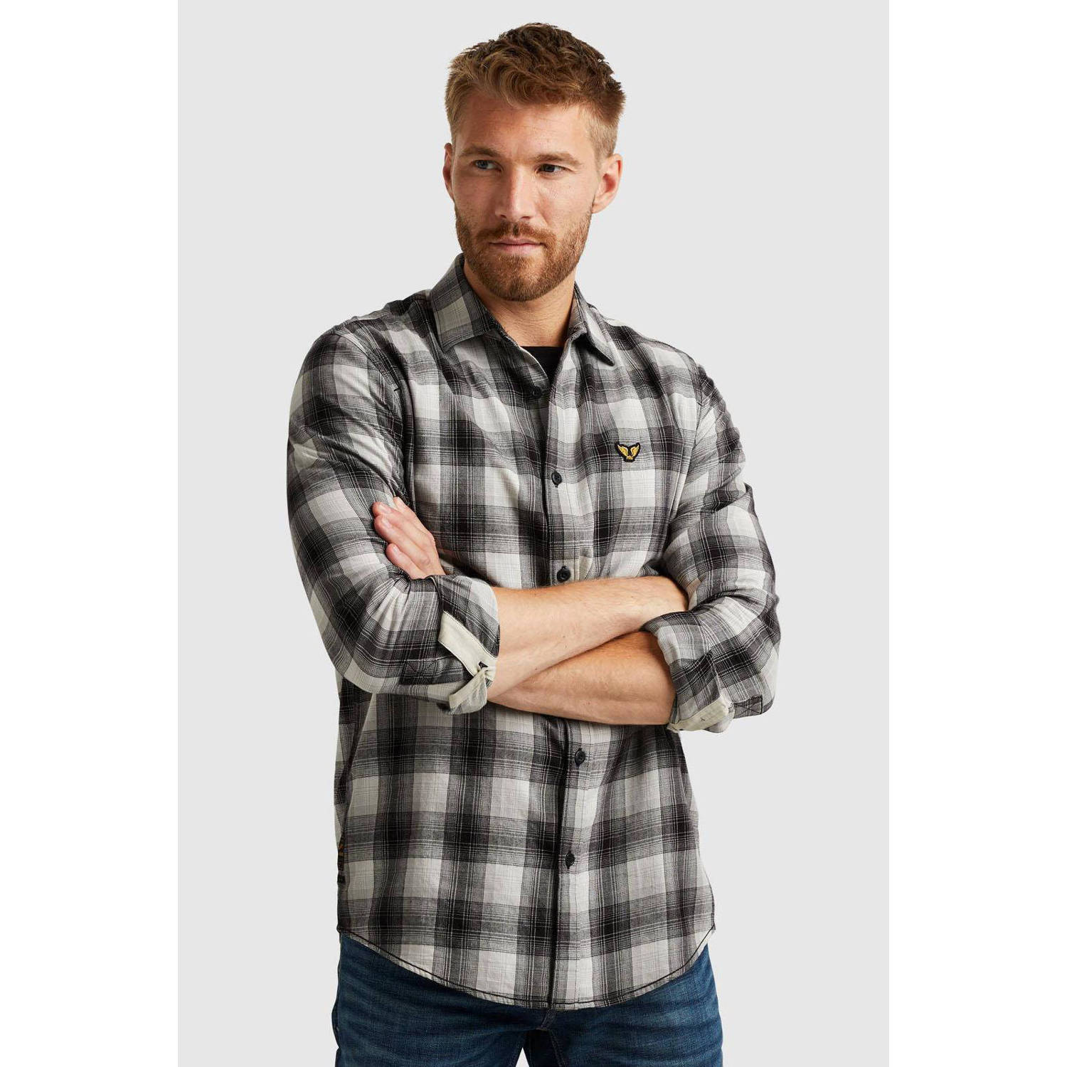 PME Legend geruit regular fit overhemd grijs