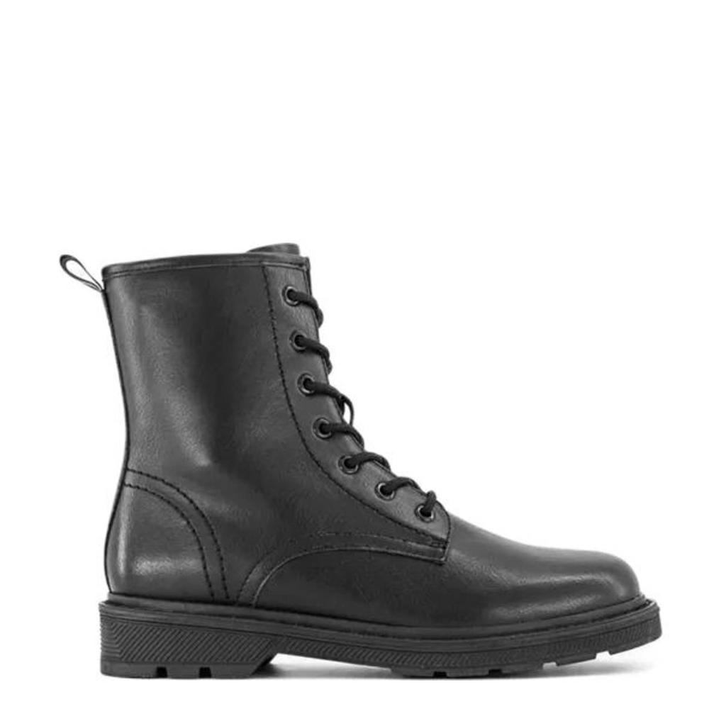 Zwarte dames Graceland veterboots van imitatieleer met profielzool, rits- en vetersluiting en effen